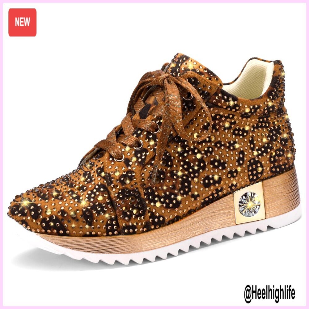 Glitter Platform Wedge Sneakers with Rhinestones, 1.8 Inch Heel, Sparkly High - Picture 1 of 7